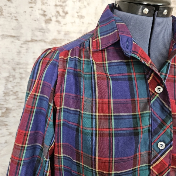 Vintage 1980s Plaid Blouse Grunge Shirt Top M Dark Academia Puff Sleeve - Picture 2 of 8